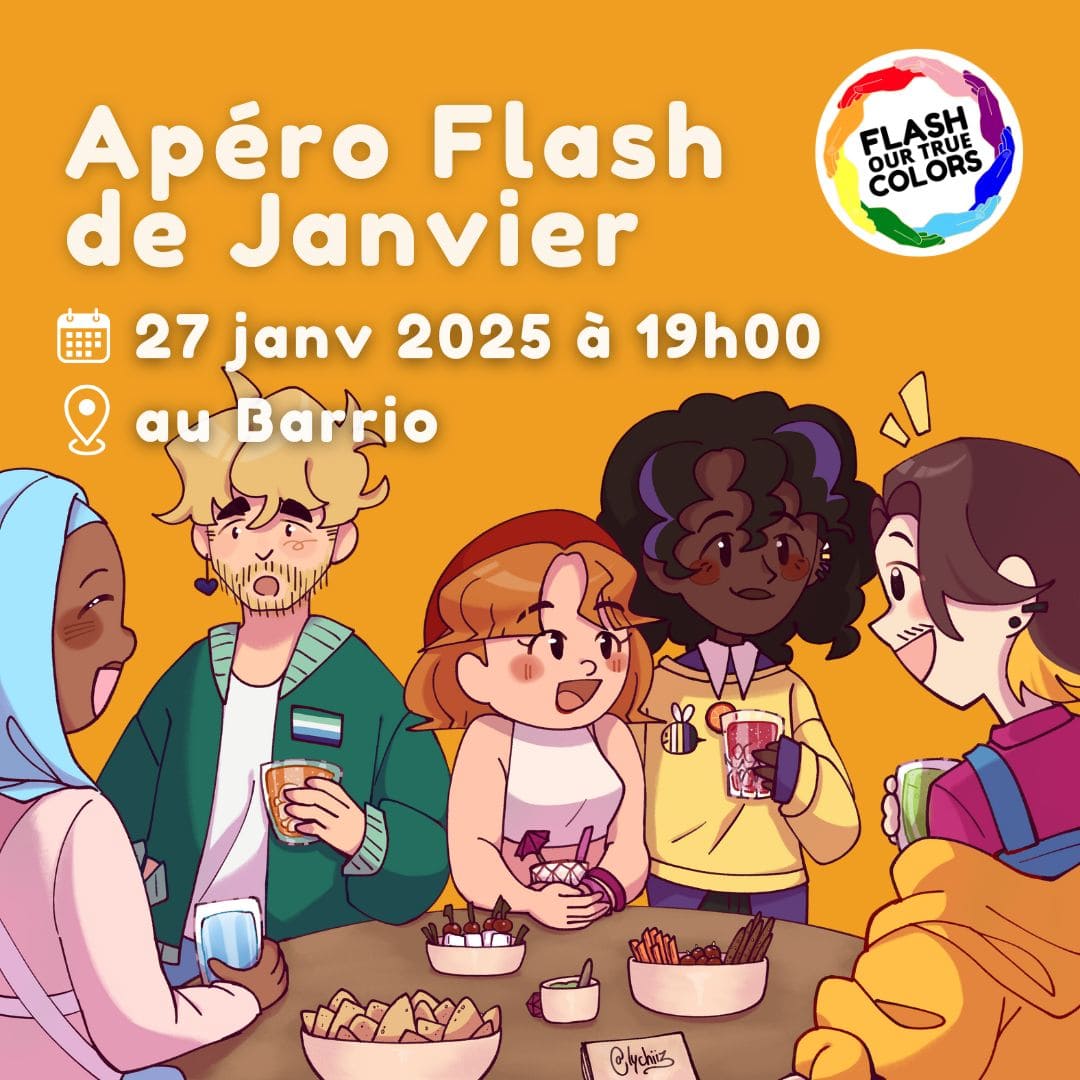 Affiche de l'apéro sans jugement de janvier de Flash Our True Colors