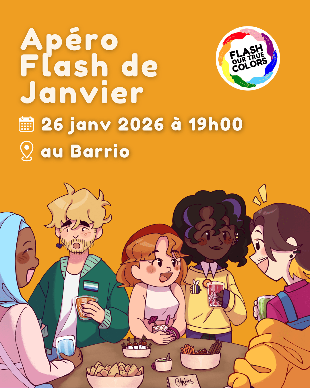 Affiche de l'apéro sans jugement de janvier 2026 de Flash Our True Colors
