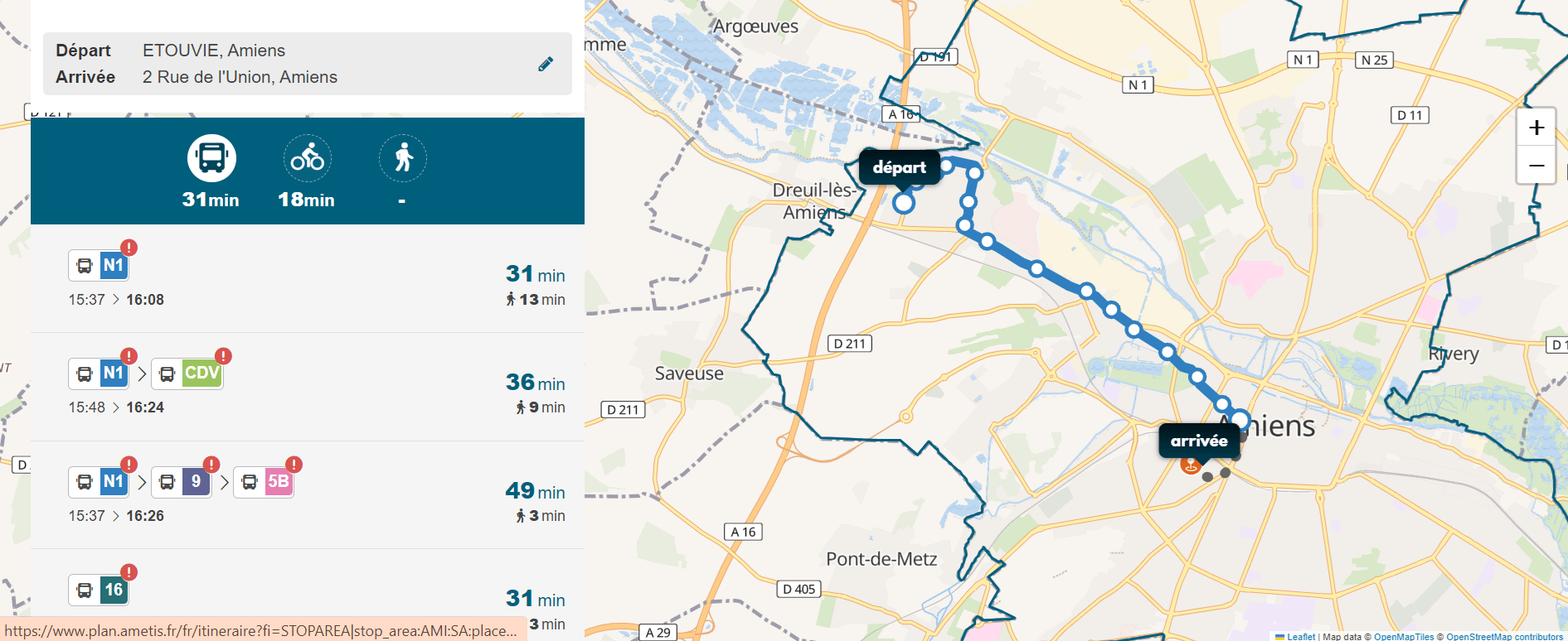 Capture d&#39;écran montrant le parcours en bus avec la ligne L pour aller d&#39;Étouvie au local de l&#39;association