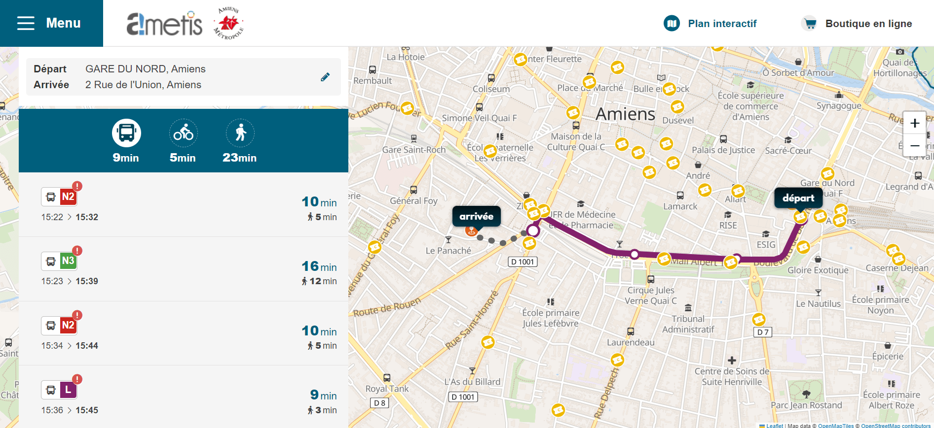 Capture d&#39;écran montrant le parcours en bus avec la ligne L pour aller de la gare du Nord au local de l&#39;association