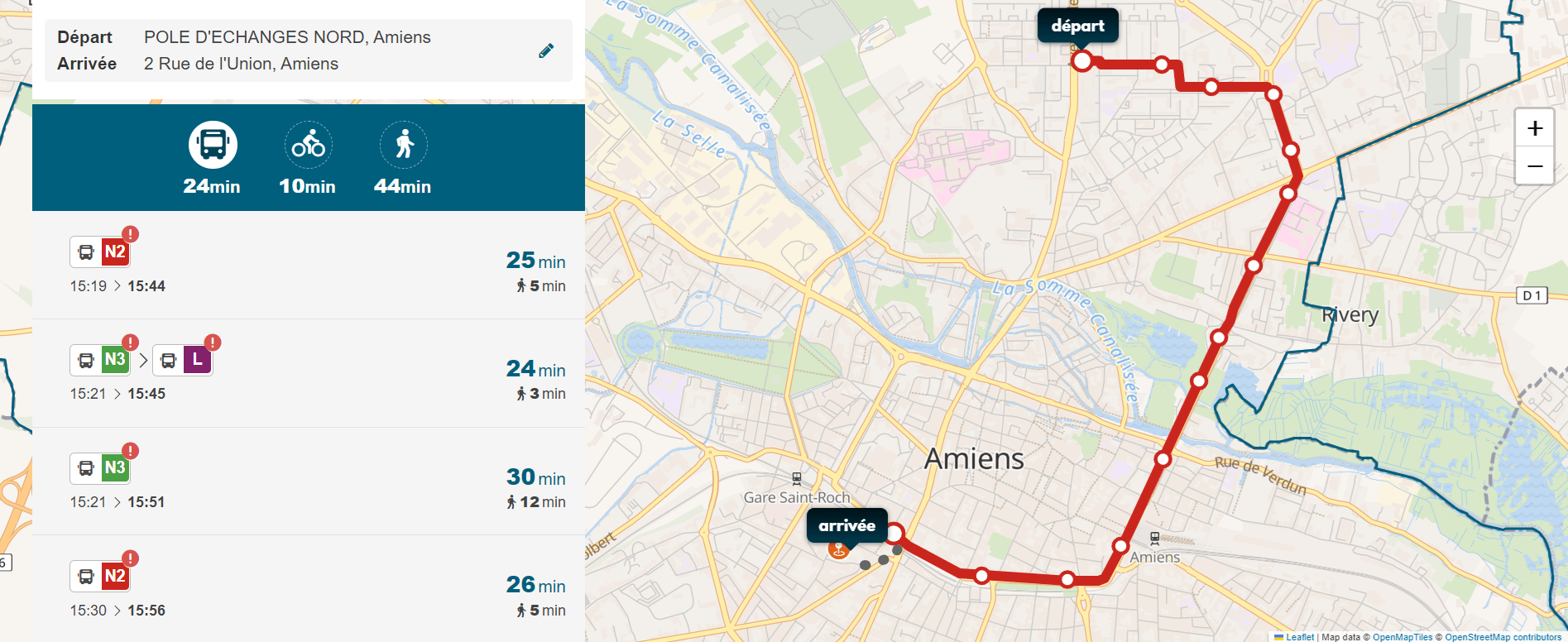 Capture d&#39;écran montrant le parcours en bus avec la ligne L pour aller du pôle d&#39;échanges nord au local de l&#39;association