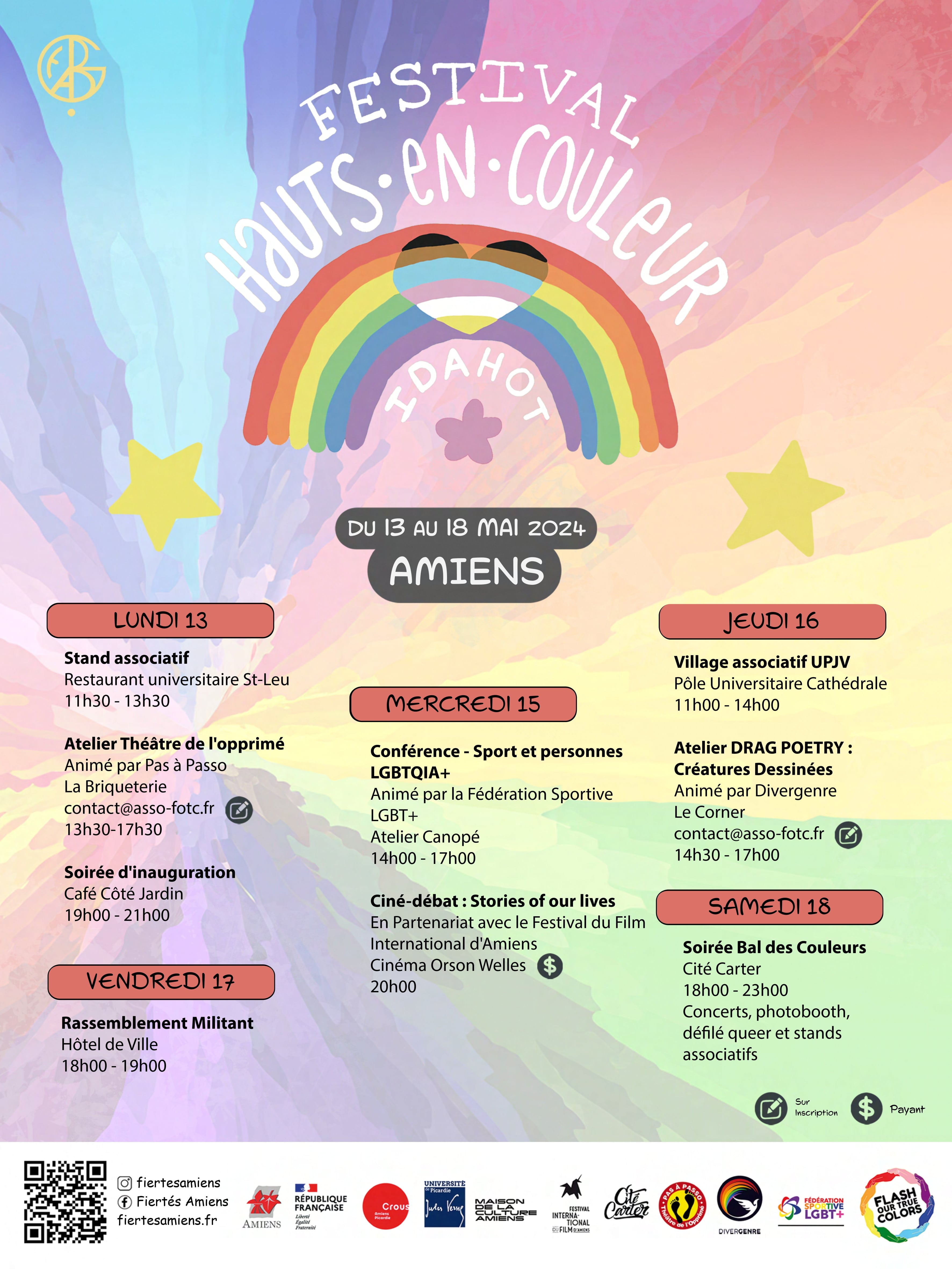 Affiche du Festival Hauts en Couleur, festival LGBTQIA+ d'Amiens du 13 au 18 mai 2024
