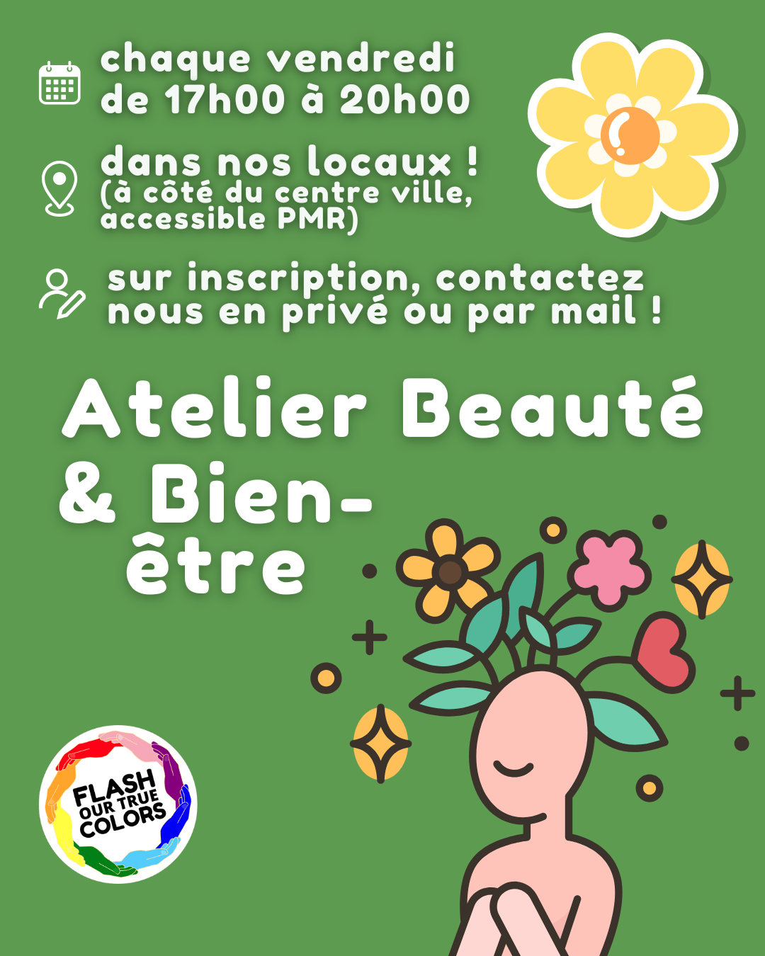Affiche de l'atelier beauté et bien-être de Flash Our True Colors
