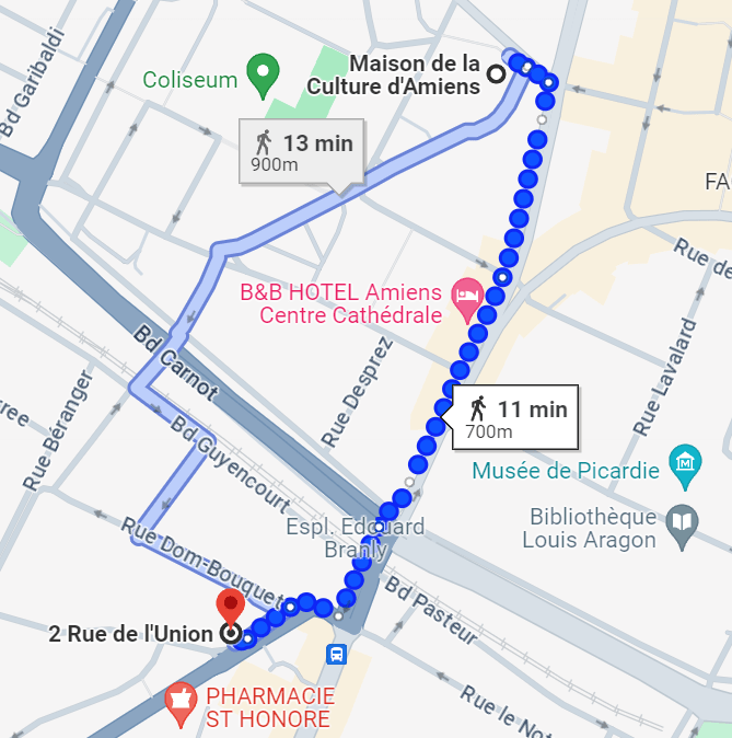 Screenshot showing the route on foot to go from the Maison de la Culture to the association officies