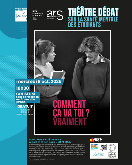 Affiche du théâtre débat sur la santé mentale des étudiants le 8 octobre 2025