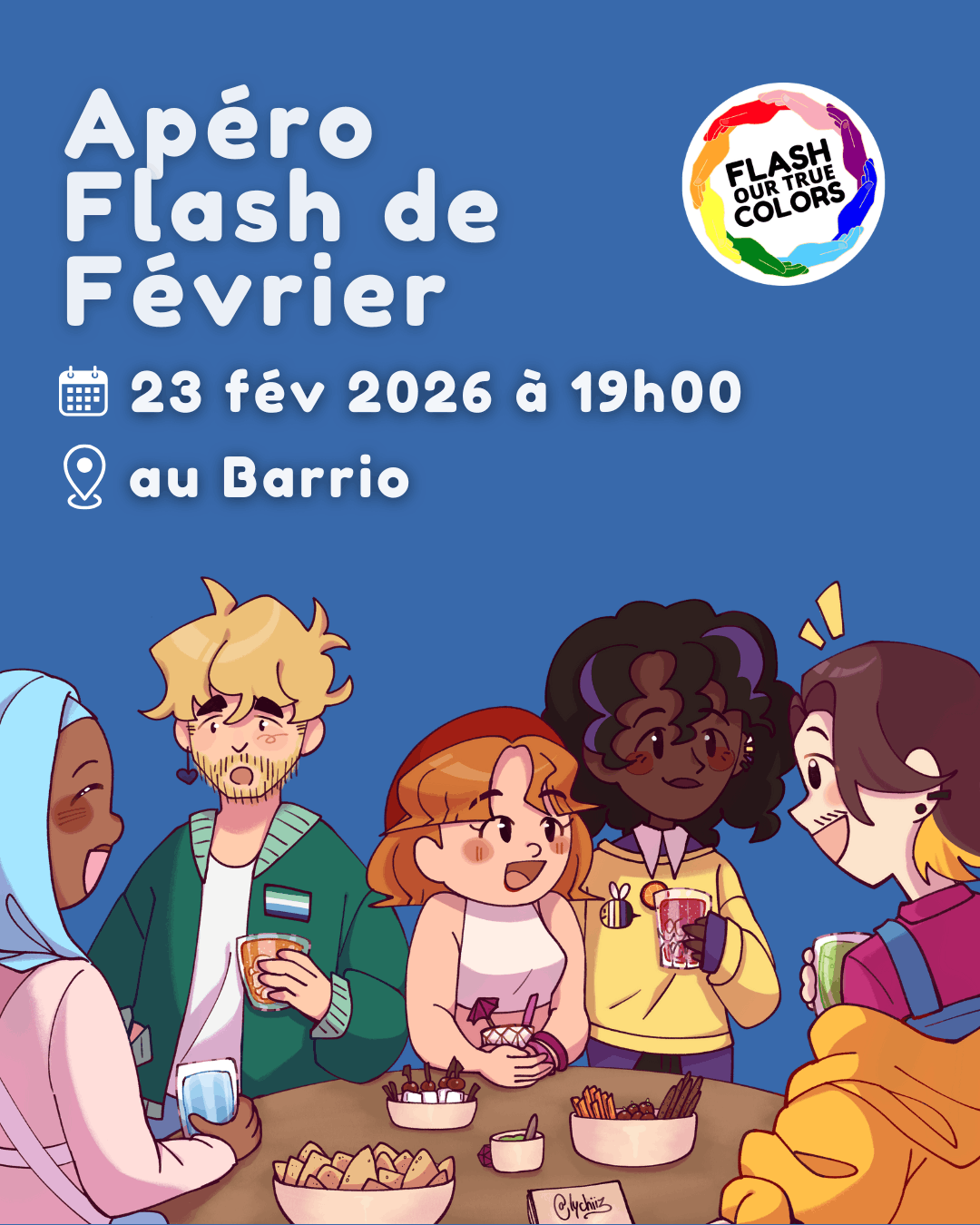 Affiche de l'apéro sans jugement de février 2026 de Flash Our True Colors