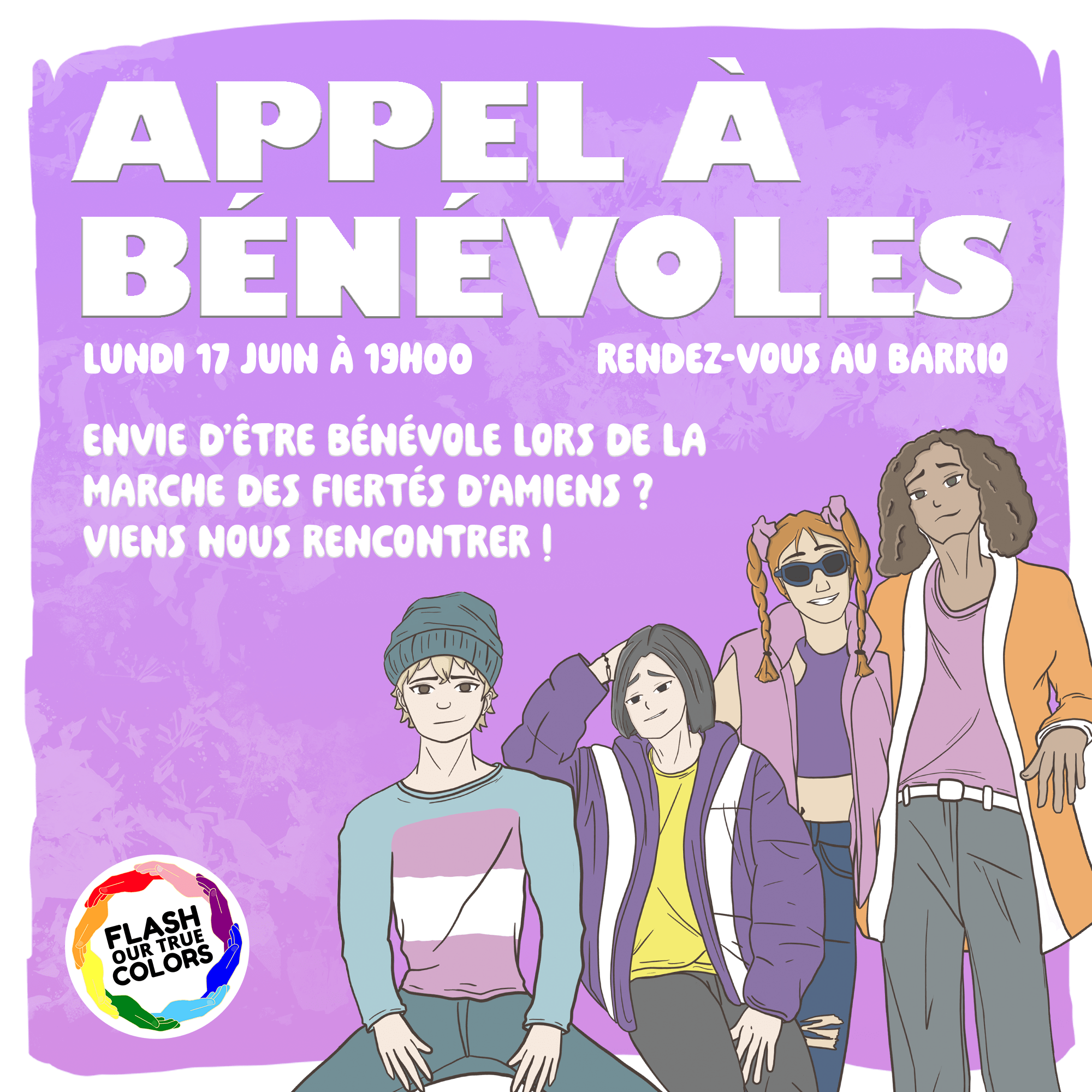 Affiche de la réunion des bénévoles pour la Pride à Amiens en 2024