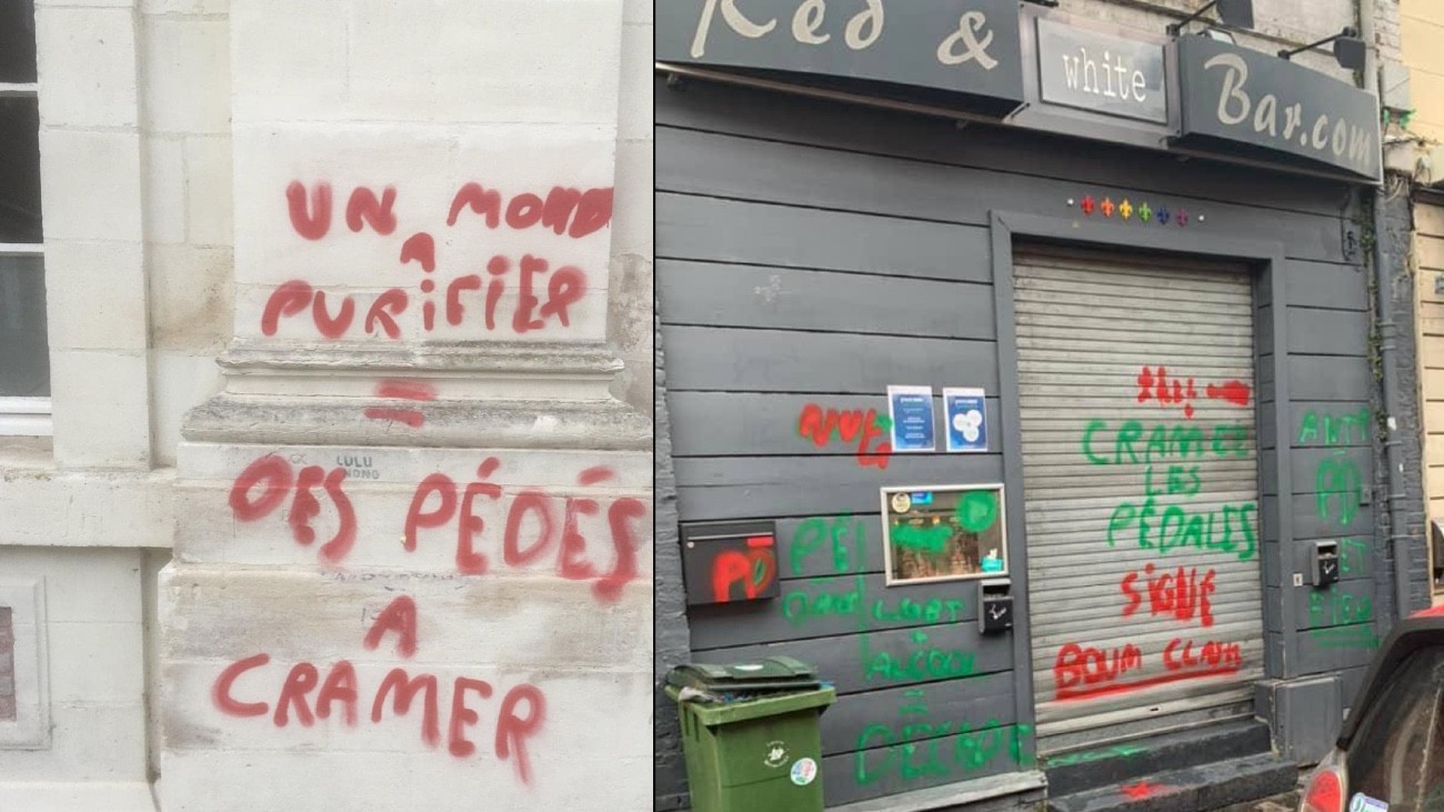Plusieurs photos des tags homophobes cités ci-après sur la façade de l'Espace Dewailly et du bar Le Red & White